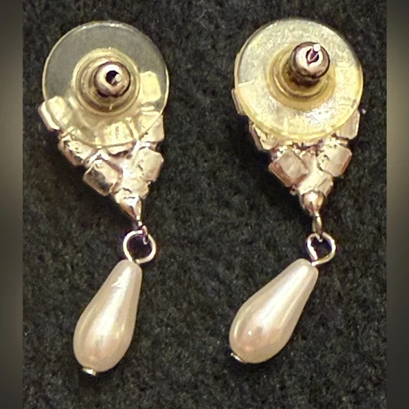 Vintage Rhinestone and Faux Pearl Drop Earrings - Picture 4 of 5